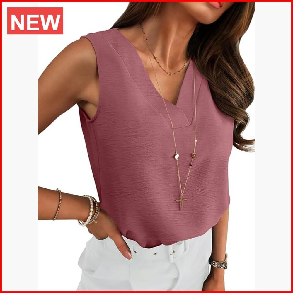100% Polyester V-Neck Tank Top Sleeveless Dressy Casual Blouse